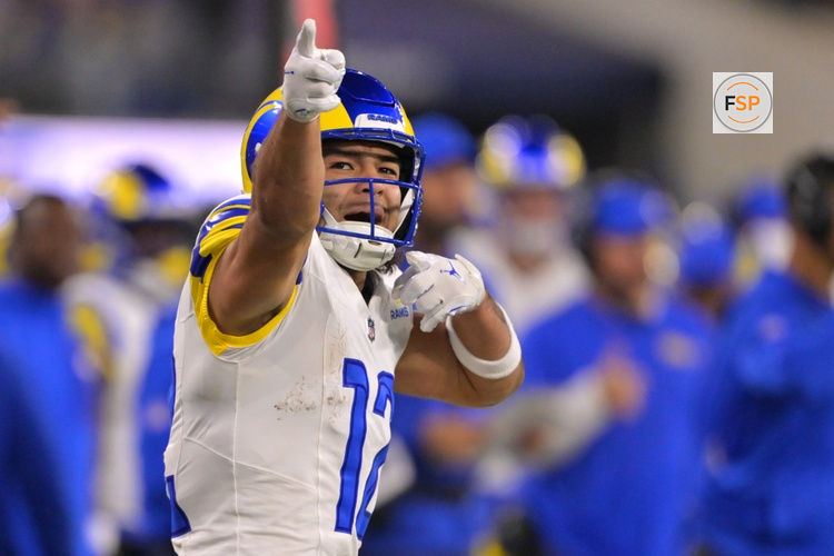 Nov 23, 2025; Inglewood, California, USA; Los Angeles Rams wide receiver Puka Nacua (12) reacts after a first down against the Tampa Bay Buccaneers at SoFi Stadium. Credit: Jayne Kamin-Oncea-Imagn Images