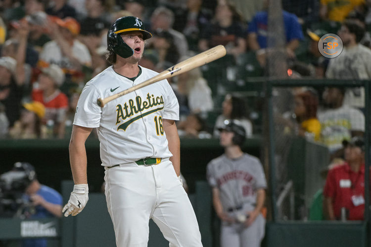 Jun 16, 2025; West Sacramento, California, USA; Athletics first baseman Nick Kurtz (16) tosses his bat after hitting a walk off home run against the Houston Astros during the ninth inning at Sutter Health Park. Credit: Ed Szczepanski-Imagn Images