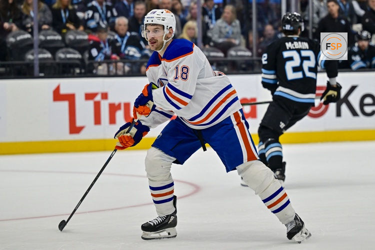 Oct 17, 2026; Salt Lake City, Utah, USA;  Edmonton Oilers left wing Zach Hyman (18) looks to apply pressure during third period against the Utah Mammoth at Delta Center.  Credit: Peter Creveling-Imagn Images
