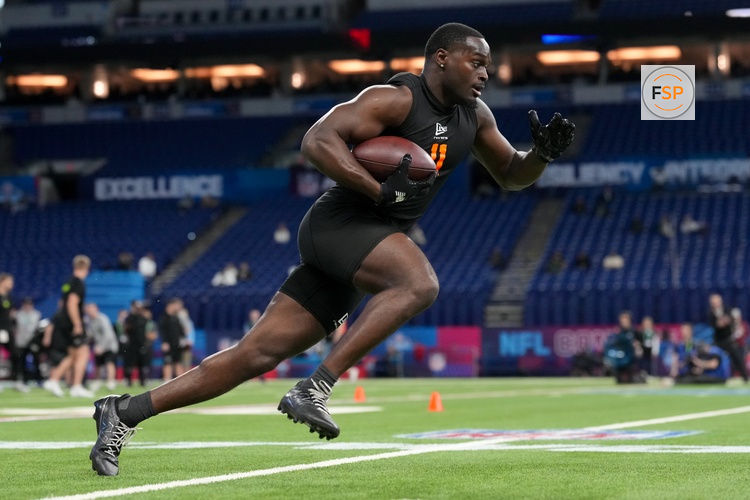 Feb 28, 2026; Indianapolis, IN, USA; Notre Dame running back Jeremiyah Love (RB11) during the NFL Scouting Combine at Lucas Oil Stadium. Credit: Kirby Lee-Imagn Images