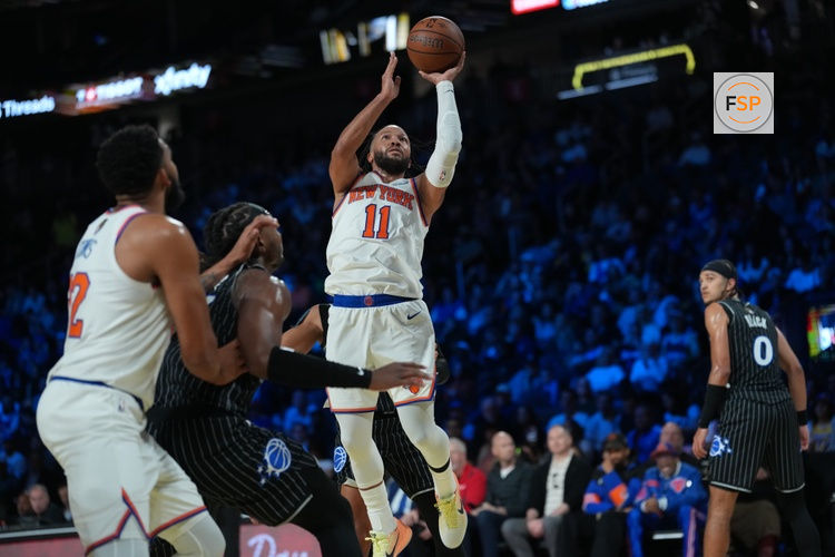 Dec 13, 2025; Las Vegas, Nevada, USA; New York Knicks guard Jalen Brunson (11) shoots the ball against the Orlando Magic during the second quarter at T-Mobile Arena. Credit: Kirby Lee-Imagn Images
