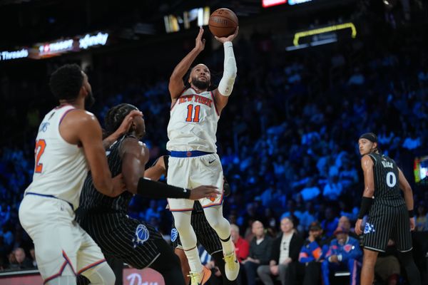 Dec 13, 2025; Las Vegas, Nevada, USA; New York Knicks guard Jalen Brunson (11) shoots the ball against the Orlando Magic during the second quarter at T-Mobile Arena. Mandatory Credit: Kirby Lee-Imagn Images
