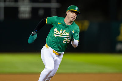 Sep 20, 2024; Oakland, California, USA; Oakland Athletics outfielder Brent Rooker (25) scores during the tenth inning against the New York Yankees at Oakland-Alameda County Coliseum. Mandatory Credit: Bob Kupbens-Imagn Images