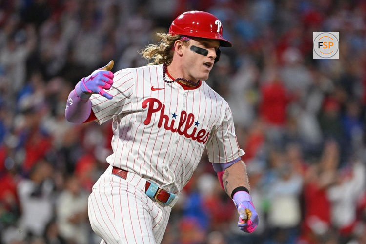 Sep 9, 2025; Philadelphia, Pennsylvania, USA; Philadelphia Phillies outfielder Harrison Bader (2) watches his home run during the second inning against the New York Mets at Citizens Bank Park. Credit: Eric Hartline-Imagn Images