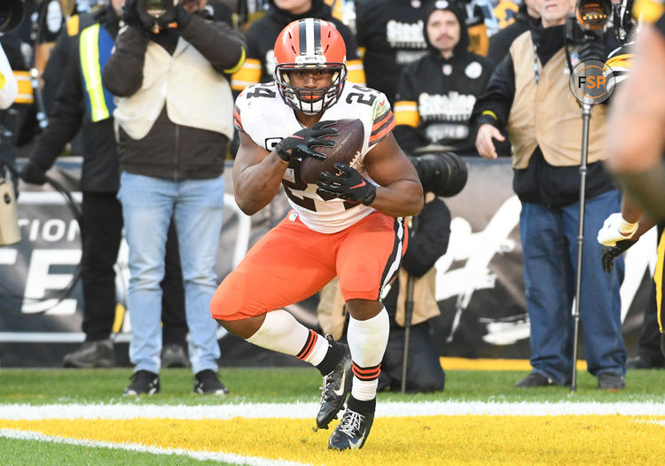 Jan 8, 2023; Pittsburgh, Pennsylvania, USA;  Cleveland Browns running back Nick Chubb (24) scores a touchdown against the Pittsburgh Steelers during the fourth quarter at Acrisure Stadium. Credit: Philip G. Pavely-USA TODAY Sports