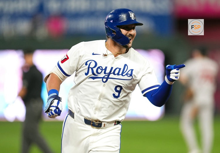 Aug 7, 2024; Kansas City, Missouri, USA; Kansas City Royals designated hitter Vinnie Pasquantino (9) rounds the bases after hitting a home run during the fourth inning against the Boston Red Sox at Kauffman Stadium. Credit: Jay Biggerstaff-USA TODAY Sports