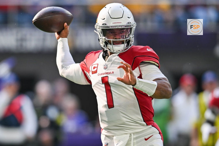 Oct 30, 2022; Minneapolis, Minnesota, USA; Arizona Cardinals quarterback Kyler Murray (1) in action against the Minnesota Vikings during the game at U.S. Bank Stadium. Credit: Jeffrey Becker-USA TODAY Sports
