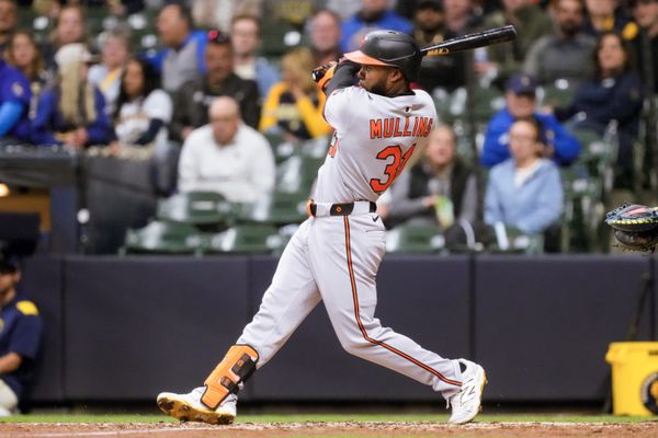 May 19, 2025; Milwaukee, Wisconsin, USA;  Baltimore Orioles center fielder Cedric Mullins (31) hits a home run during the seventh inning against the Milwaukee Brewers at American Family Field. Mandatory Credit: Jeff Hanisch-Imagn Images