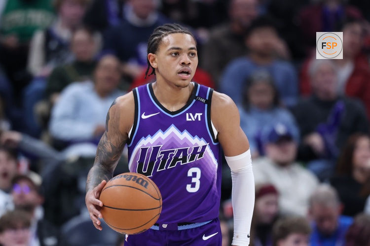 Dec 30, 2025; Salt Lake City, Utah, USA; Utah Jazz guard Keyonte George (3) brings the ball up the court against the Boston Celtics during the second half at Delta Center. Credit: Rob Gray-Imagn Images