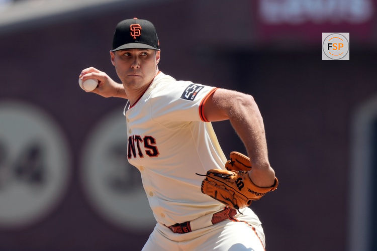 Jul 12, 2025; San Francisco, California, USA; San Francisco Giants starting pitcher Landen Roupp (65) throws a pitch against the Los Angeles Dodgers during the first inning at Oracle Park. Credit: Darren Yamashita-Imagn Images