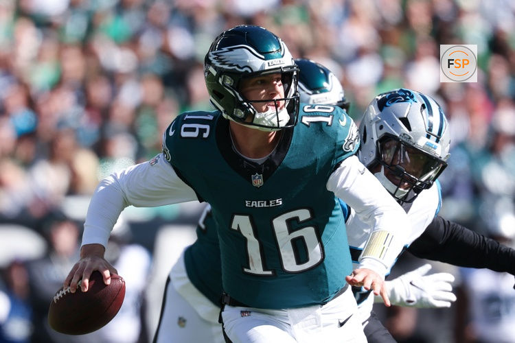 Oct 18, 2026; Philadelphia, Pennsylvania, USA; Philadelphia Eagles quarterback Tanner McKee (16) passes the ball against the Carolina Panthers at Lincoln Financial Field. Credit: Bill Streicher-Imagn Images