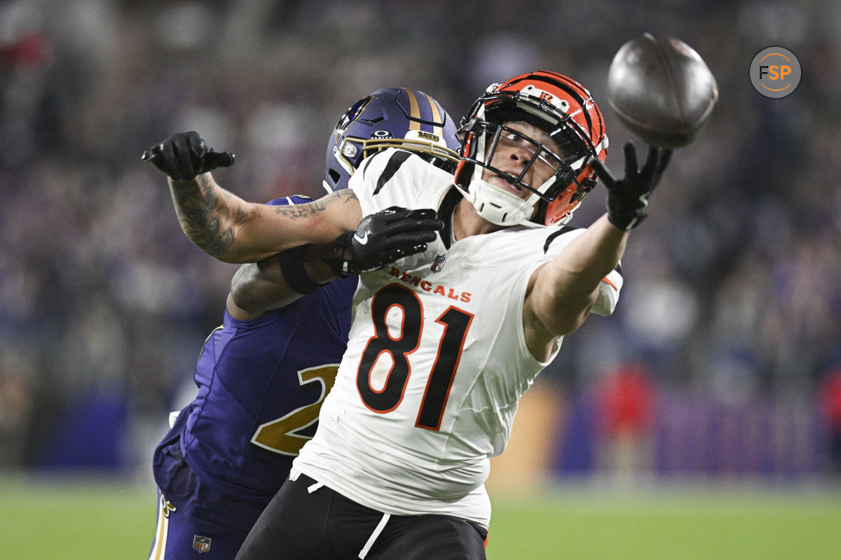 Nov 7, 2024; Baltimore, Maryland, USA; Cincinnati Bengals wide receiver Jermaine Burton (81) reaches for quarterback Joe Burrow (not pictured) throws ass Baltimore Ravens cornerback Brandon Stephens (21) defends during the second half   at M&T Bank Stadium. Credit: Tommy Gilligan-Imagn Images