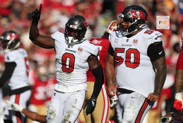 Oct 12, 2025; Tampa, Florida, USA; Tampa Bay Buccaneers linebacker Yaya Diaby (0) and defensive tackle Vita Vea (50) react after a sack during the first quarter against the San Francisco 49ers at Raymond James Stadium. Credit: Nathan Ray Seebeck-Imagn Images