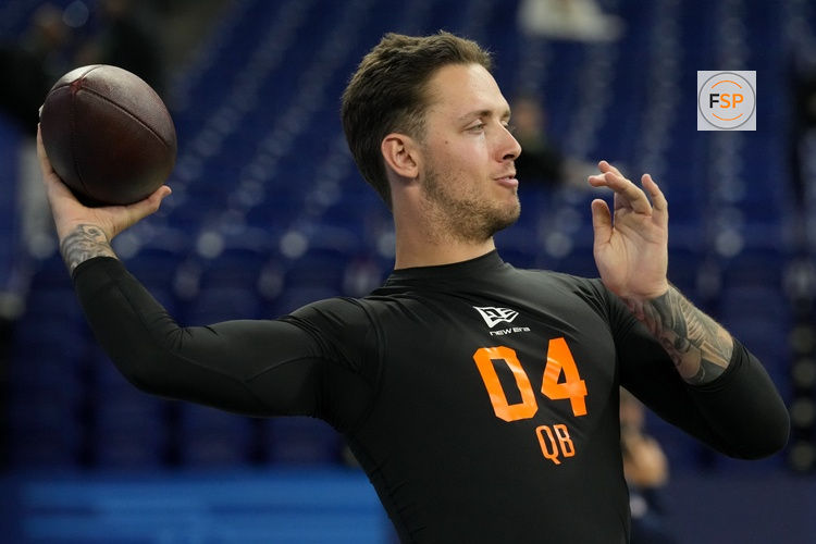 Feb 28, 2026; Indianapolis, IN, USA; Miami quarterback Carson Beck (QB04) during the NFL Scouting Combine at Lucas Oil Stadium. Credit: Kirby Lee-Imagn Images