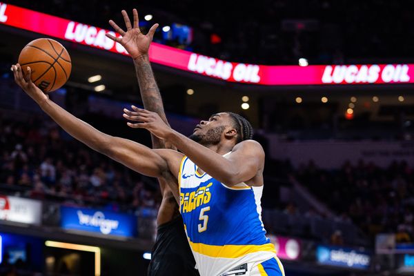 Feb 2, 2026; Indianapolis, Indiana, USA;  Indiana Pacers forward Jarace Walker (5) shoots the ball while Houston Rockets forward Jabari Smith Jr. (10) defends in the second half at Gainbridge Fieldhouse. Mandatory Credit: Trevor Ruszkowski-Imagn Images