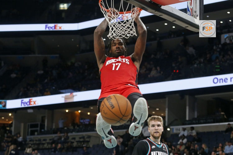 Mar 27, 2026; Memphis, Tennessee, USA; Houston Rockets forward Tari Eason (17) dunks during the fourth quarter against the Memphis Grizzlies at FedExForum. Credit: Petre Thomas-Imagn Images
