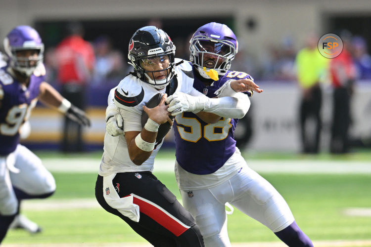 Sep 22, 2024; Minneapolis, Minnesota, USA; Minnesota Vikings linebacker Jonathan Greenard (58) sacks Houston Texans quarterback C.J. Stroud (7) during the fourth quarter at U.S. Bank Stadium. Credit: Jeffrey Becker-Imagn Images