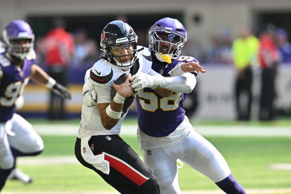 Sep 22, 2024; Minneapolis, Minnesota, USA; Minnesota Vikings linebacker Jonathan Greenard (58) sacks Houston Texans quarterback C.J. Stroud (7) during the fourth quarter at U.S. Bank Stadium. Mandatory Credit: Jeffrey Becker-Imagn Images