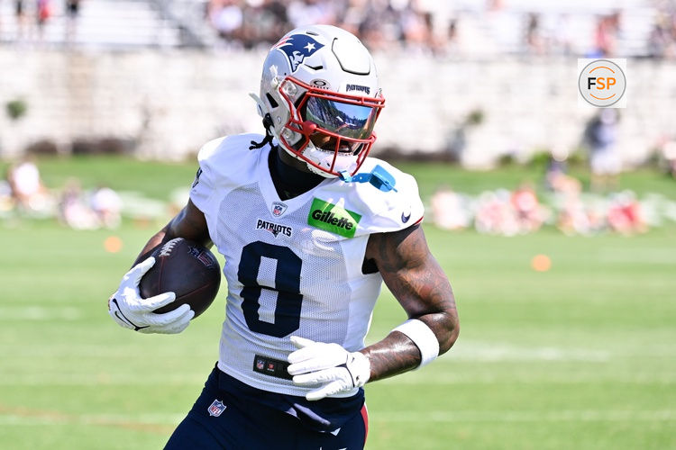 Jul 28, 2025; Foxborough, MA, USA; New England Patriots wide receiver Stefon Diggs (8) runs after the catch during training camp at Gillette Stadium. Credit: Eric Canha-Imagn Images