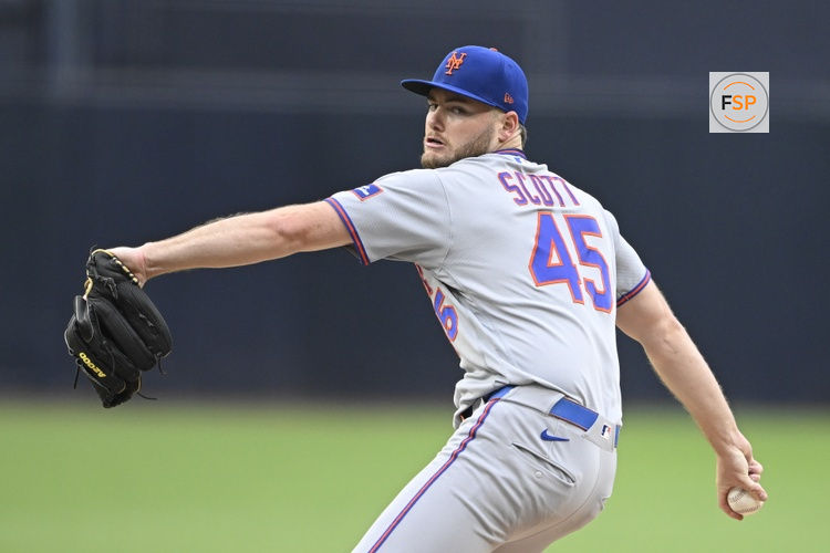 Jun 5, 2026; San Diego, California, USA; New York Mets pitcher Christian Scott (45) delivers during the first inning against the San Diego Padres at Petco Park. Credit: Denis Poroy-Imagn Images