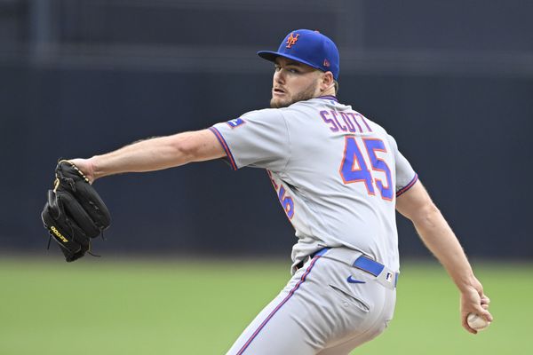 Jun 5, 2026; San Diego, California, USA; New York Mets pitcher Christian Scott (45) delivers during the first inning against the San Diego Padres at Petco Park. Mandatory Credit: Denis Poroy-Imagn Images