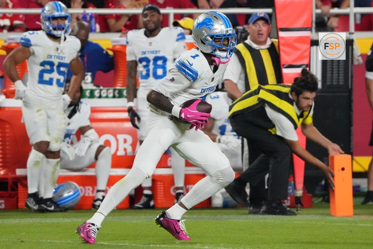 Oct 12, 2025; Kansas City, Missouri, USA; Detroit Lions wide receiver Jameson Williams (1) makes a catch against the Kansas City Chiefs during the second half at GEHA Field at Arrowhead Stadium. Credit: Denny Medley-Imagn Images