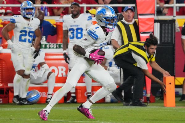 Oct 12, 2025; Kansas City, Missouri, USA; Detroit Lions wide receiver Jameson Williams (1) makes a catch against the Kansas City Chiefs during the second half at GEHA Field at Arrowhead Stadium. Mandatory Credit: Denny Medley-Imagn Images