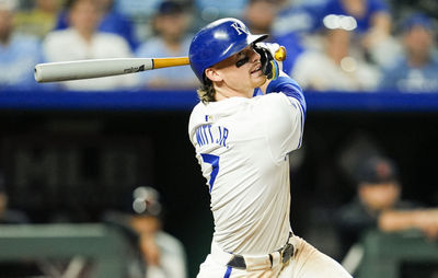 Sep 17, 2024; Kansas City, Missouri, USA; Kansas City Royals shortstop Bobby Witt Jr. (7) bats during the tenth inning against the Detroit Tigers at Kauffman Stadium. Mandatory Credit: Jay Biggerstaff-Imagn Images