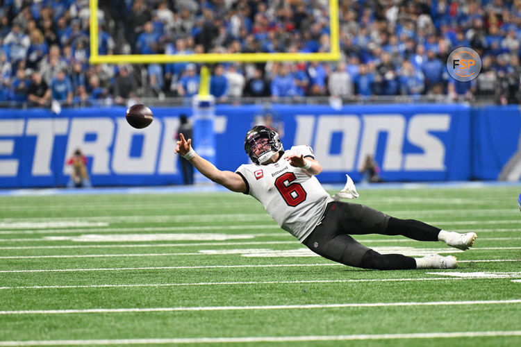 DETROIT, MI - JANUARY 21: Tampa Bay Buccaneers quarterback Baker Mayfield (6) just gets away a pass to avoid being sacked during the NFC Divisional playoff game between the Detroit Lions and the Tampa Bay Buccaneers on Sunday January 21, 2024 at Ford Field in Detroit, MI. (Photo by Steven King/Icon Sportswire)