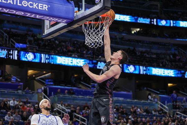 Feb 5, 2026; Orlando, Florida, USA; Brooklyn Nets guard Egor Demin (8) dunks during the first quarter against the Orlando Magic at Kia Center. Mandatory Credit: Mike Watters-Imagn Images
