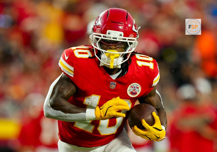 Aug 22, 2025; Kansas City, Missouri, USA; Kansas City Chiefs running back Isiah Pacheco (10) runs the ball during the first half against the Chicago Bears at GEHA Field at Arrowhead Stadium. Credit: Jay Biggerstaff-Imagn Images