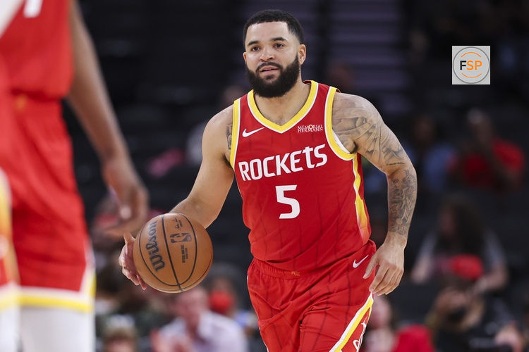 Oct 15, 2026; Houston, Texas, USA; Houston Rockets guard Fred Vanvleet (5) controls the ball during the game against the Oklahoma City Thunder at Toyota Center. Credit: Troy Taormina-Imagn Images