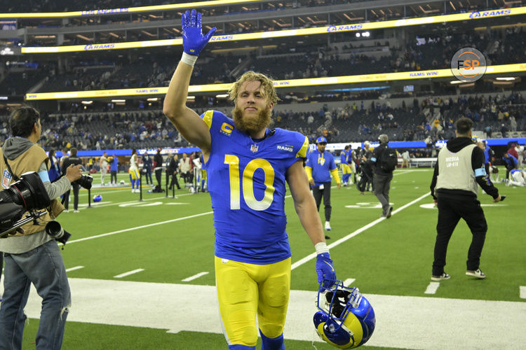 Dec 28, 2024; Inglewood, California, USA;  Los Angeles Rams wide receiver Cooper Kupp (10) waves to fans as he leaves the field after defeating the Arizona Cardinals at SoFi Stadium. Credit: Jayne Kamin-Oncea-Imagn Images