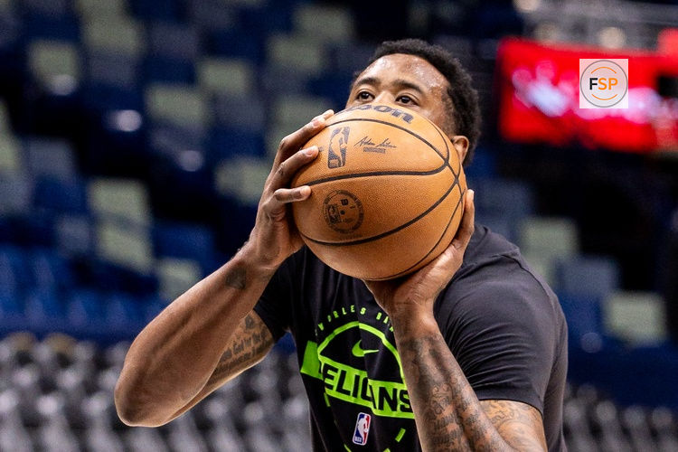 Feb 24, 2026; New Orleans, Louisiana, USA;  New Orleans Pelicans center DeAndre Jordan (6) warms up before the game against the Golden State Warriors at Smoothie King Center. Credit: Stephen Lew-Imagn Images