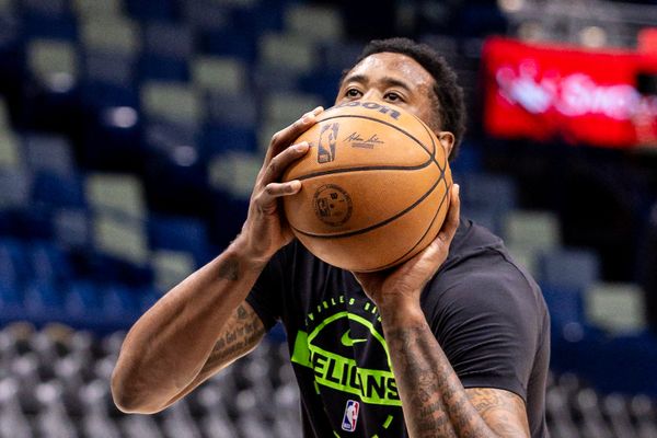 Feb 24, 2026; New Orleans, Louisiana, USA;  New Orleans Pelicans center DeAndre Jordan (6) warms up before the game against the Golden State Warriors at Smoothie King Center. Mandatory Credit: Stephen Lew-Imagn Images