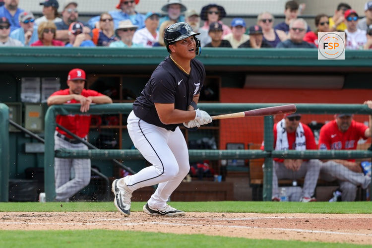 Feb 27, 2025; Lakeland, Florida, USA; Detroit Tigers second baseman Hao-Yu Lee (85) watches a fly ball during the fourth inning against the Boston Red Sox at Publix Field at Joker Marchant Stadium. Credit: Mike Watters-Imagn Images