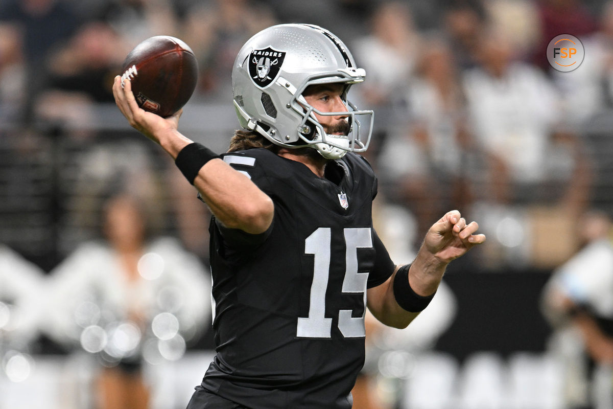 Aug 17, 2024; Paradise, Nevada, USA; Las Vegas Raiders quarterback Gardner Minshew (15) looks to make a pass Dallas Cowboys in the first quarter at Allegiant Stadium. Credit: Candice Ward-USA TODAY Sports