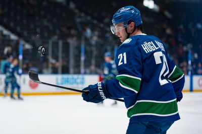 Apr 14, 2026; Vancouver, British Columbia, CAN; Vancouver Canucks forward Nils Hoglander (21) handles the puck in warm up prior to a game against the Los Angeles Kings at Rogers Arena. Mandatory Credit: Bob Frid-Imagn Images
