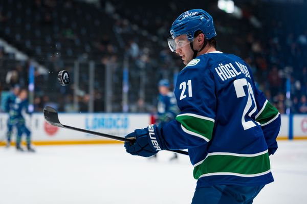 Apr 14, 2026; Vancouver, British Columbia, CAN; Vancouver Canucks forward Nils Hoglander (21) handles the puck in warm up prior to a game against the Los Angeles Kings at Rogers Arena. Mandatory Credit: Bob Frid-Imagn Images