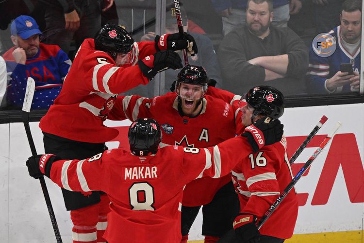 Feb 20, 2025; Boston, MA, USA; [Imagn Images direct customers only]  Team Canada forward Connor McDavid (97) celebrates scoring in overtime to win with defenseman Devon Toews (5) and defenseman Cale Makar (8) and forward Mitch Marner (16) against Team USA during the 4 Nations Face-Off ice hockey championship game at TD Garden. Credit: Brian Fluharty-Imagn Images