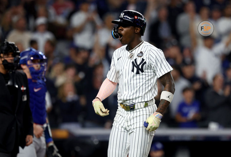 Oct 30, 2024; New York, New York, USA; New York Yankees third baseman Jazz Chisholm Jr. (13) reacts after hitting a home run during the first inning against the Los Angeles Dodgers in game five of the 2024 MLB World Series at Yankee Stadium. Credit: Vincent Carchietta-Imagn Images