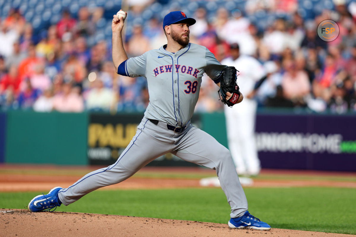 CLEVELAND, OH - MAY 20: New York Mets starting pitcher Tylor Megill (38) delivers a pitch to the plate during the first inning of the Major League Baseball Interleague game between the New York Mets and Cleveland Guardians on May 20, 2024, at Progressive Field in Cleveland, OH. (Photo by Frank Jansky/Icon Sportswire)