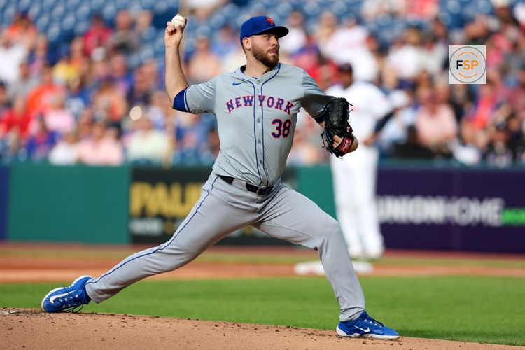 CLEVELAND, OH - MAY 20: New York Mets starting pitcher Tylor Megill (38) delivers a pitch to the plate during the first inning of the Major League Baseball Interleague game between the New York Mets and Cleveland Guardians on May 20, 2024, at Progressive Field in Cleveland, OH. (Photo by Frank Jansky/Icon Sportswire)