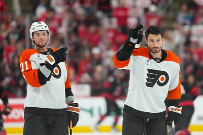 May 4, 2026; Raleigh, North Carolina, USA; Philadelphia Flyers right wing Garnet Hathaway (19) and right wing Tyson Foerster (71) react during the warmups before the game against the Carolina Hurricanes in game two of the second round of the 2026 Stanley Cup Playoffs at Lenovo Center. Mandatory Credit: James Guillory-Imagn Images