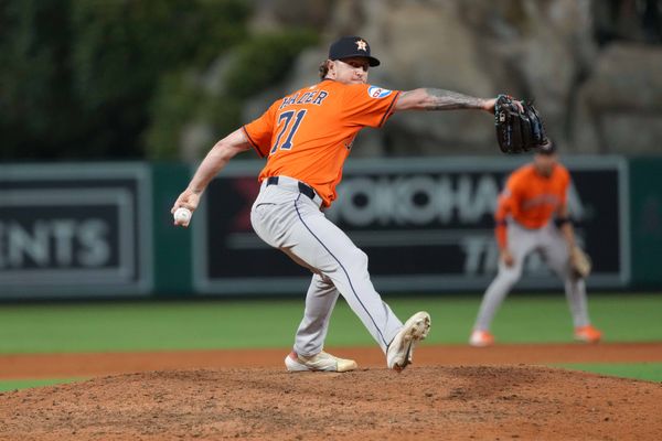 Jun 20, 2025; Anaheim, California, USA; Houston Astros relief pitcher Josh Hader (71) throws against the Los Angeles Angels in the ninth inning at Angel Stadium. Mandatory Credit: Kirby Lee-Imagn Images