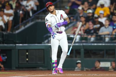Aug 3, 2026; Phoenix, Arizona, USA; Arizona Diamondbacks second baseman Ketel Marte (4) throws the bat after drawing a walk against San Diego Padres pitcher Michael King (34) in the first inning at Chase Field. Mandatory Credit: Anna Carrington-Imagn Images