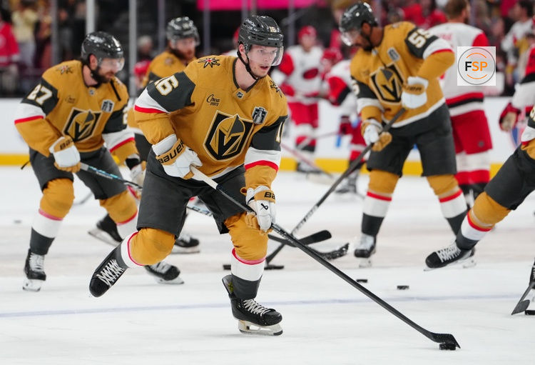 Jun 9, 2026; Las Vegas, Nevada, USA; Vegas Golden Knights right wing Pavel Dorofeyev (16) warms up before game four of the 2026 Stanley Cup Final against the Carolina Hurricanes at T-Mobile Arena. Credit: Stephen R. Sylvanie-Imagn Images