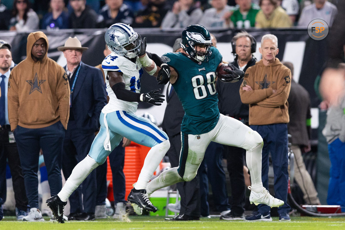 Nov 5, 2023; Philadelphia, Pennsylvania, USA; Philadelphia Eagles tight end Dallas Goedert (88) runs with the ball against Dallas Cowboys safety Markquese Bell (14) after a catch during the third quarter at Lincoln Financial Field. Credit: Bill Streicher-USA TODAY Sports