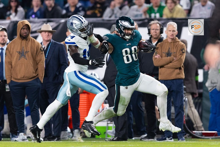 Nov 5, 2023; Philadelphia, Pennsylvania, USA; Philadelphia Eagles tight end Dallas Goedert (88) runs with the ball against Dallas Cowboys safety Markquese Bell (14) after a catch during the third quarter at Lincoln Financial Field. Credit: Bill Streicher-USA TODAY Sports
