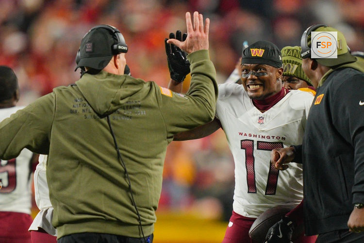 Oct 27, 2025; Kansas City, Missouri, USA; Washington Commanders wide receiver Terry McLaurin (17) celebrates after a touchdown against the Kansas City Chiefs during the second quarter of the game at GEHA Field at Arrowhead Stadium. Credit: Jay Biggerstaff-Imagn Images